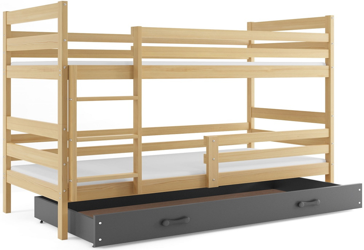 Supermobel Patrová postel ERYK 2 + úložný prostor + matrace + rošt ZDARMA, 90x200 cm, borovice, grafit