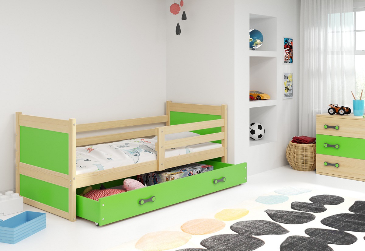 Supermobel Dětská postel RICO P1 COLOR + úložný prostor + matrace + rošt ZDARMA, 80x190 cm, borovice, zelená
