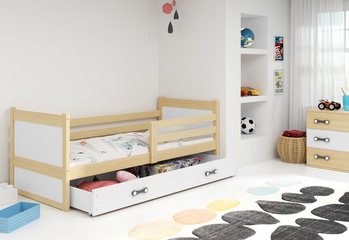 Supermobel Dětská postel RICO P1 COLOR + úložný prostor + matrace + rošt ZDARMA, 80x190 cm, borovice, bílá
