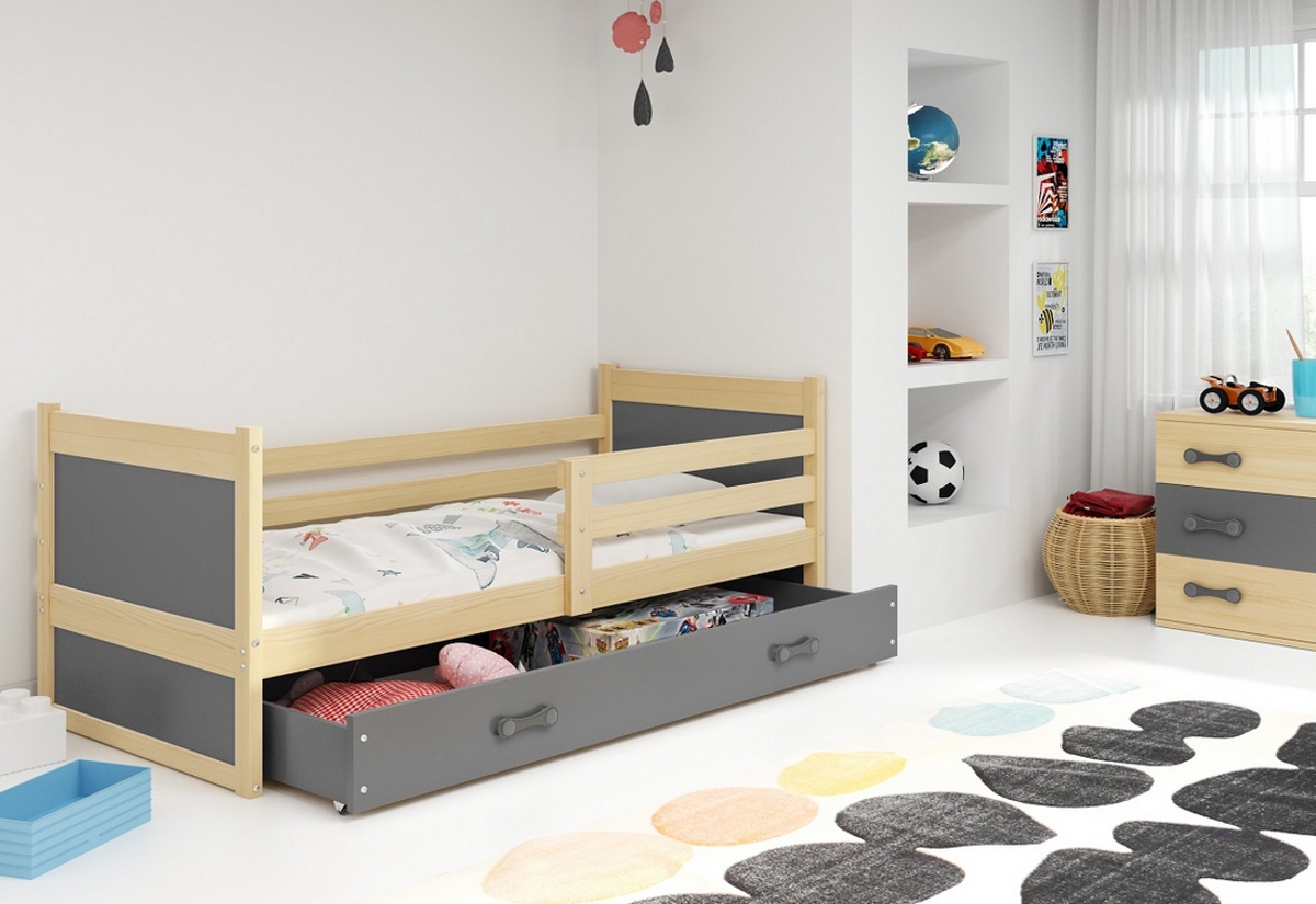 Supermobel Dětská postel RICO P1 COLOR + úložný prostor + matrace + rošt ZDARMA, 80x190 cm, borovice, grafit