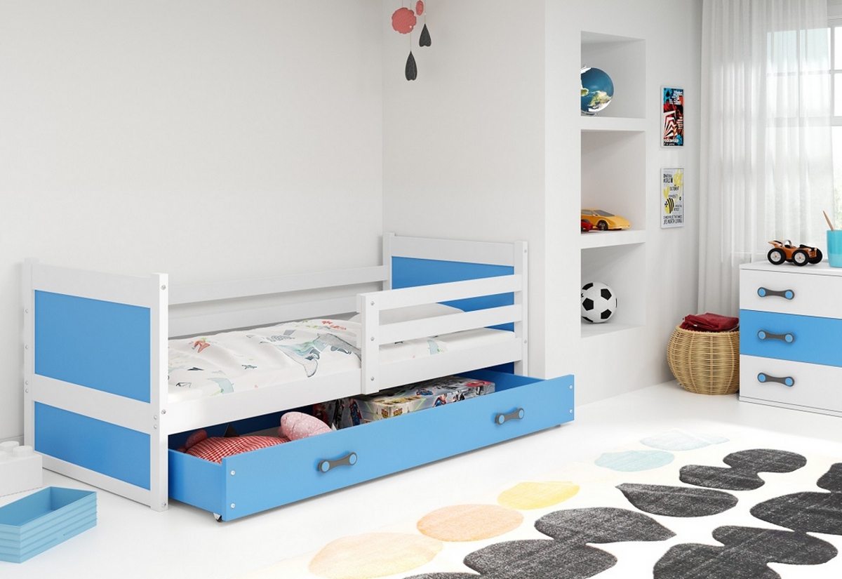 Supermobel Dětská postel RICO P1 COLOR + úložný prostor + matrace + rošt ZDARMA, 80x190 cm, bílý, blankytná