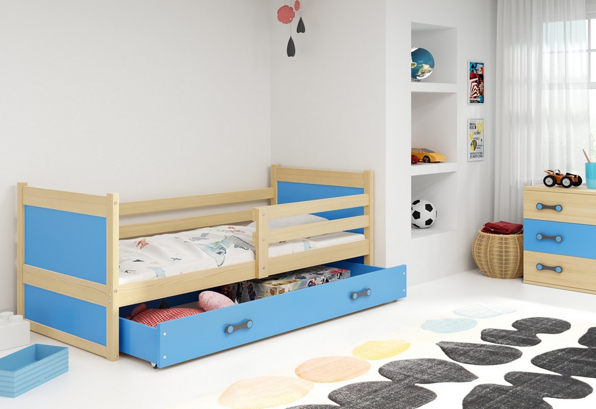 Supermobel Dětská postel RICO P1 COLOR + úložný prostor + matrace + rošt ZDARMA, 90x200 cm, borovice, blankytná