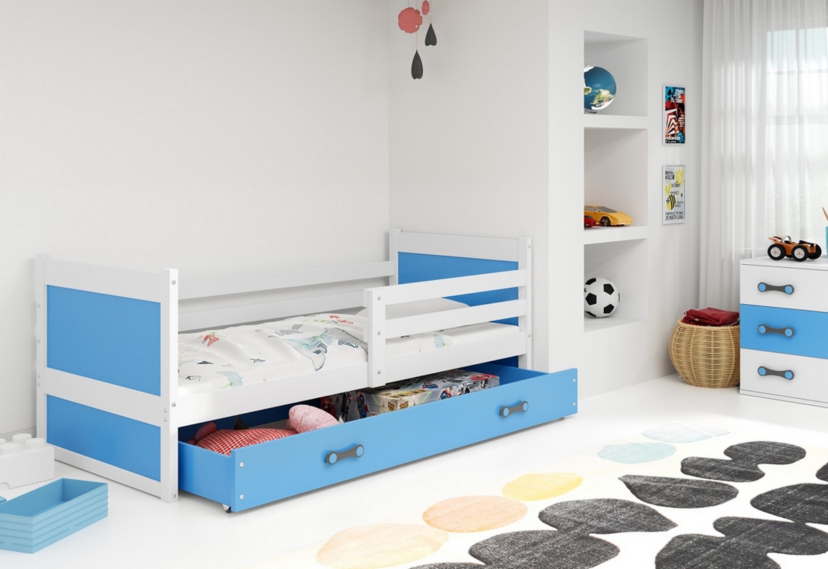 Supermobel Dětská postel RICO P1 COLOR + úložný prostor + matrace + rošt ZDARMA, 90x200 cm, bílý, blankytná