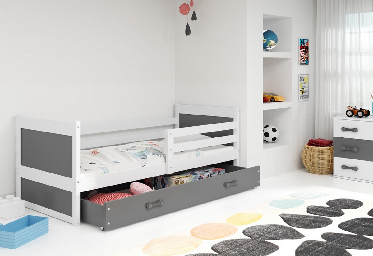 Supermobel Dětská postel RICO P1 COLOR + úložný prostor + matrace + rošt ZDARMA, 90x200 cm, bílý, grafit