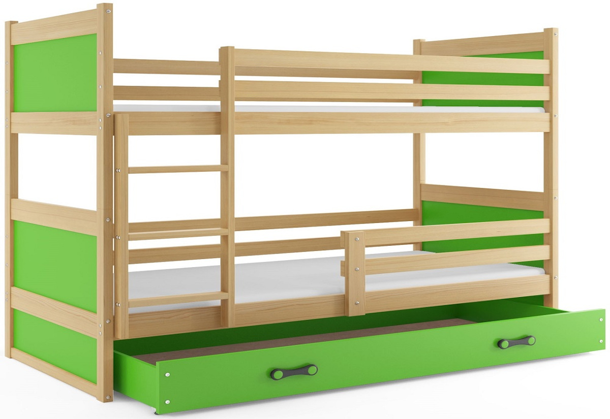 Supermobel Patrová postel RICO 2 COLOR + úložný prostor + matrace + rošt ZDARMA , 80x190 cm, borovice, zelená