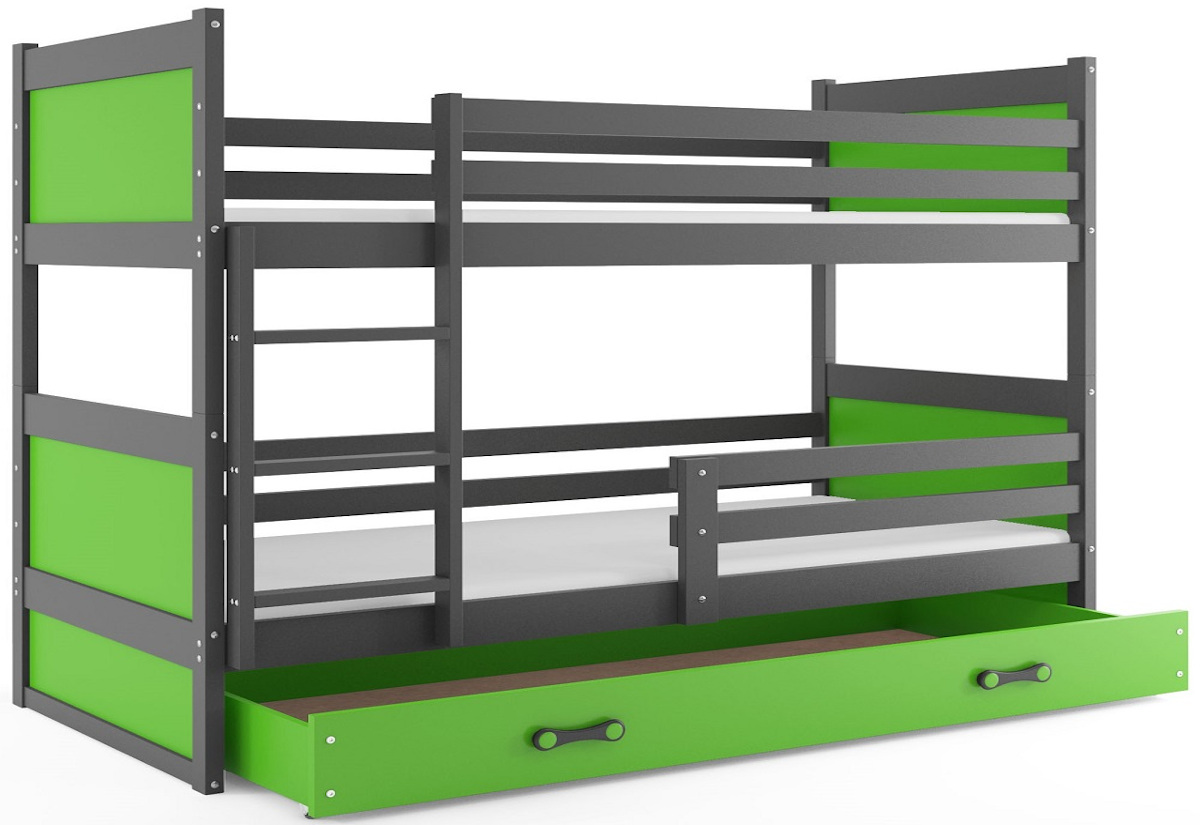 Supermobel Patrová postel RICO 2 COLOR + úložný prostor + matrace + rošt ZDARMA , 80x190 cm, grafit, zelená