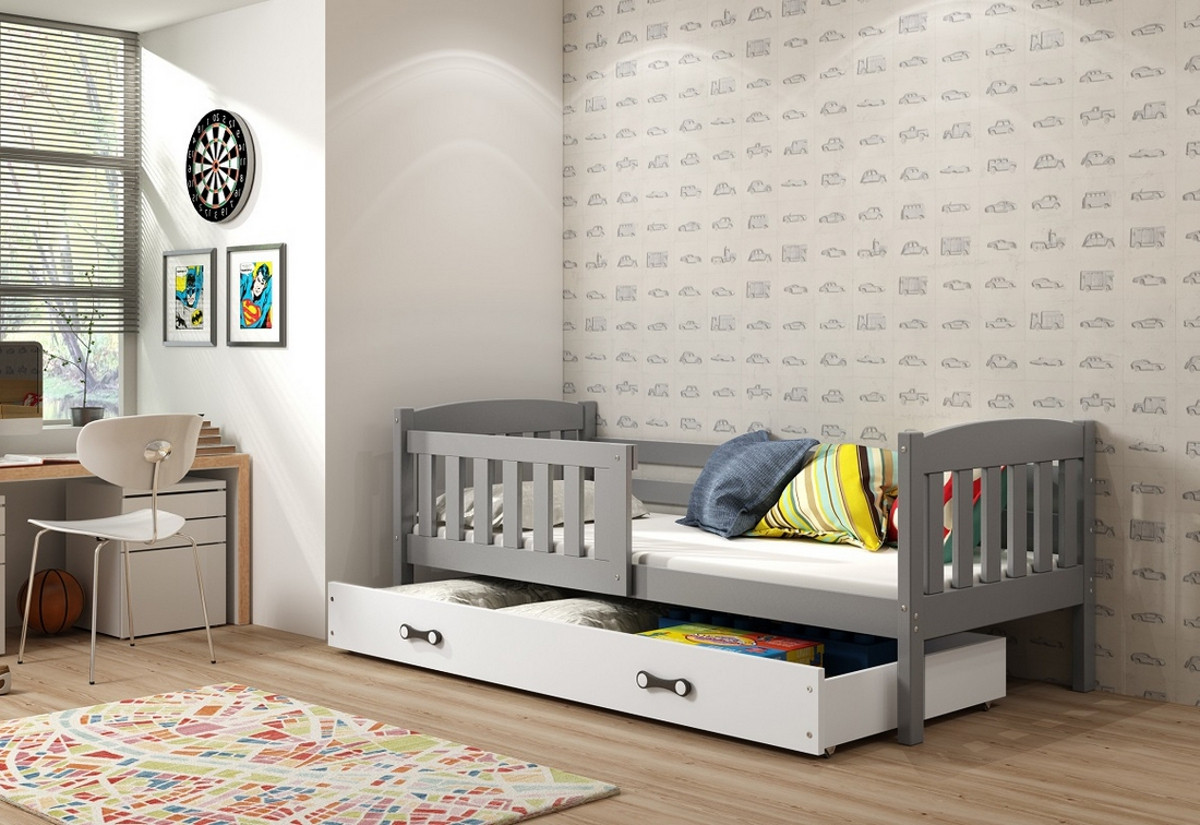 Supermobel Dětská postel KUBUS P1 + úložný prostor + matrace + rošt ZDARMA, 80x190, grafit, bílá