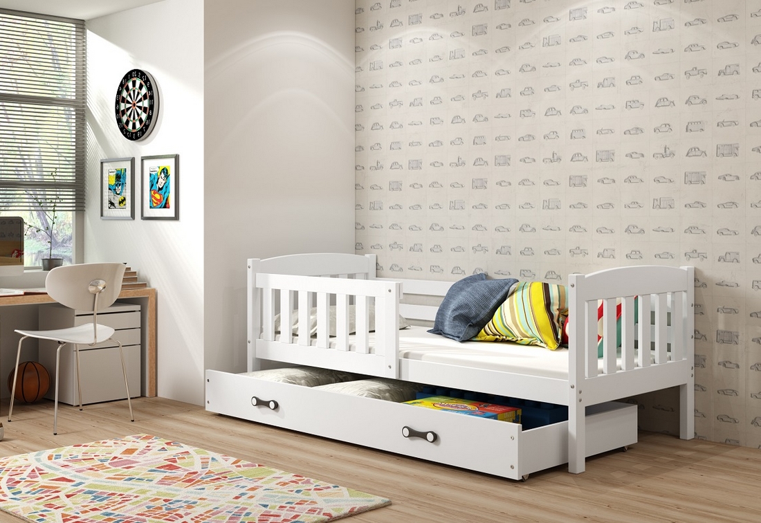 Supermobel Dětská postel KUBUS P1 + úložný prostor + matrace + rošt ZDARMA, 90x200, bílý, bílá