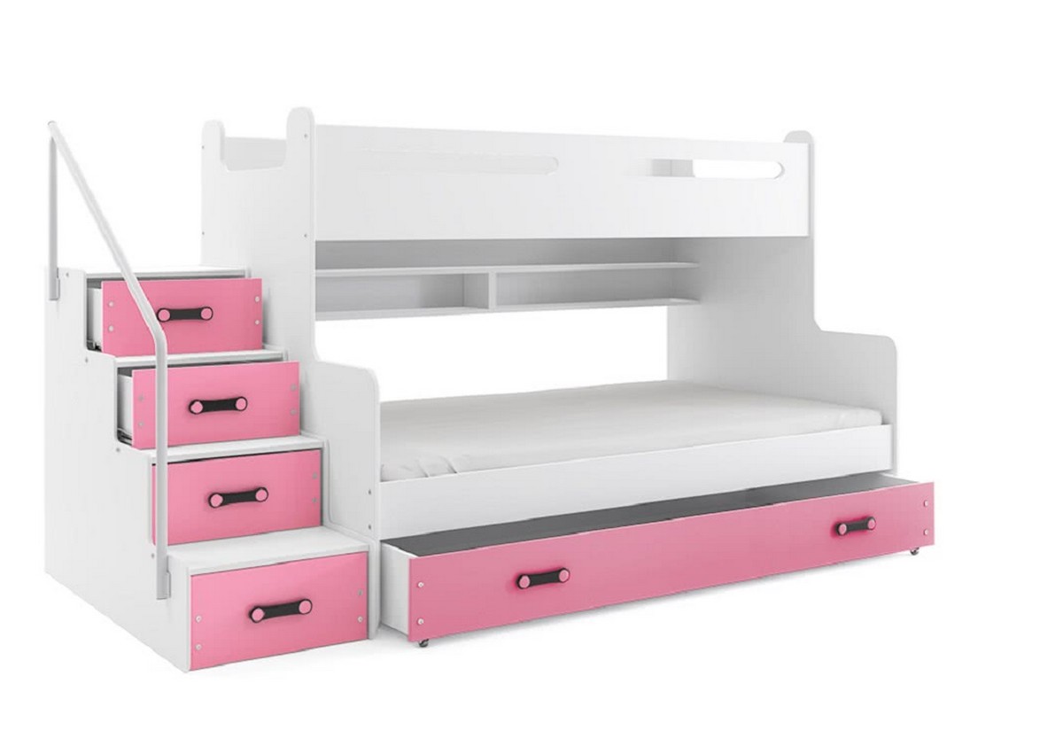 Supermobel Patrová postel MAX 3 COLOR + úložný prostor + matrace + rošt ZDARMA, 120x200, bílý, růžová