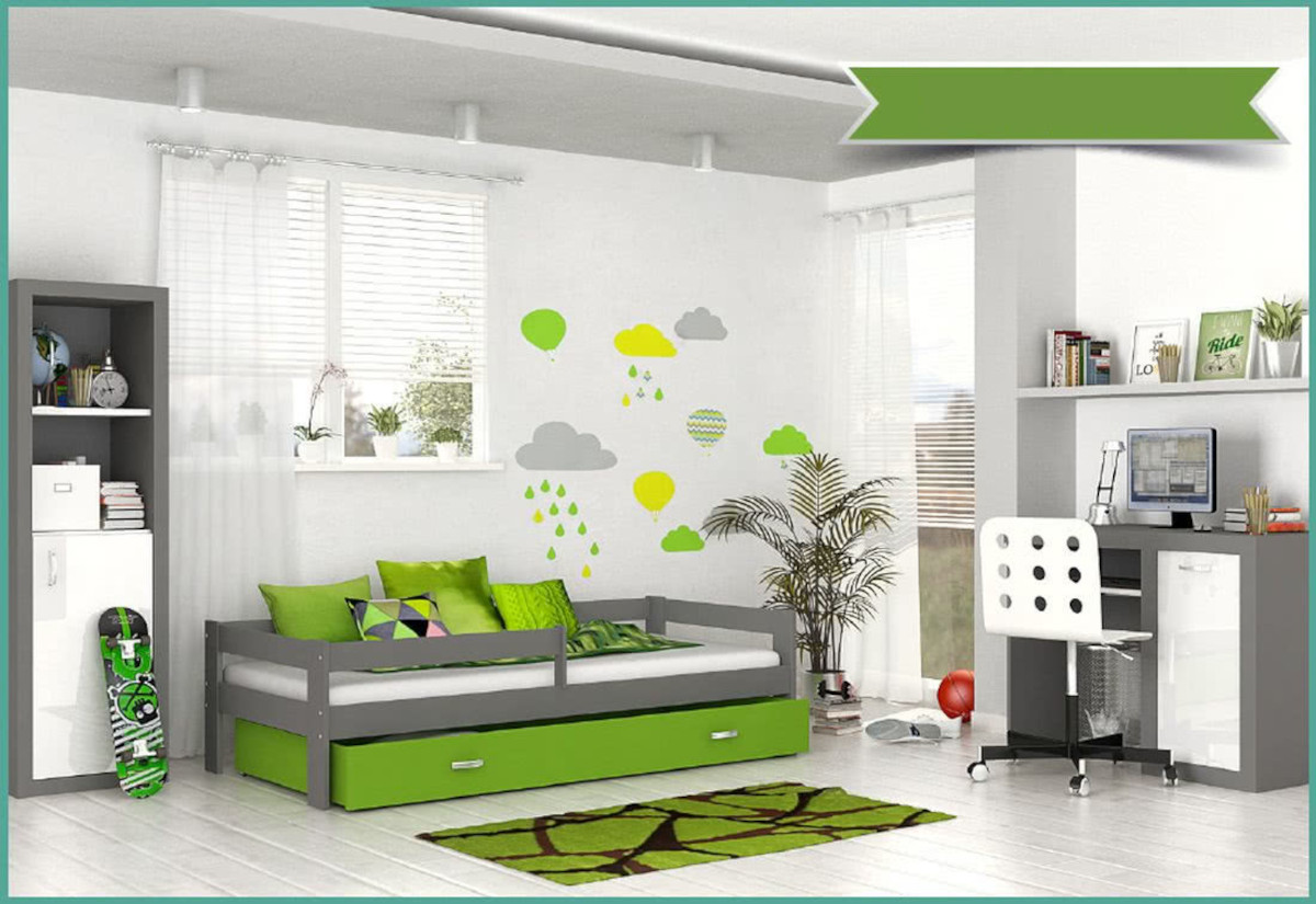 Supermobel Dětská postel HUGO P1 COLOR s barevnou zásuvkou + matrace, 80x160, šedý/zelený
