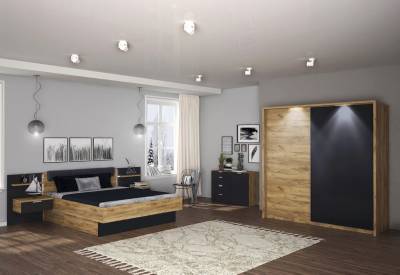 Ložnice LUNA - postel 180x200+rošt+matrace BOHEMIA+deska s nočními stolky+posuvná skříň 250 s policemi+komoda 1 D, 4 šuplíky, dub Kraft/šedá