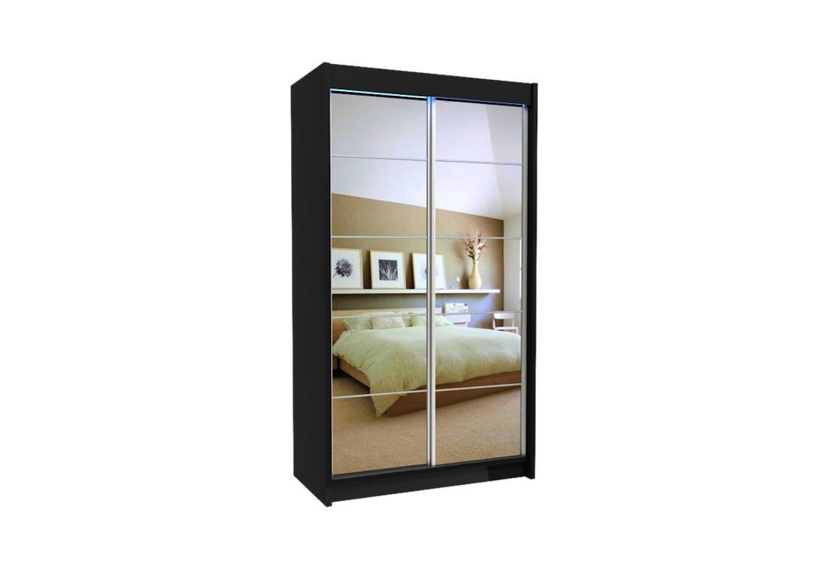 Supermobel Skříň s posuvnými dveřmi a zrcadlem FLORES + Tichý dojezd, černá,120x216x61