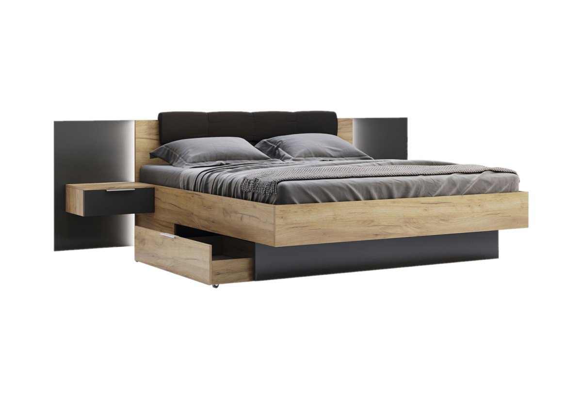 Supermobel Manželská postel LUNA + rošt a deska s nočními stolky, 160x200, dub Kraft/šedá