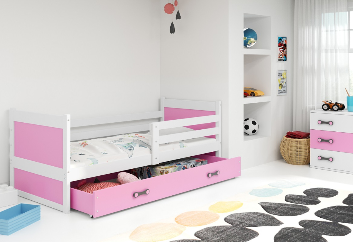 Supermobel Dětská postel RICO P1 COLOR + úložný prostor + matrace + rošt ZDARMA, 80x190 cm, bílý, růžová