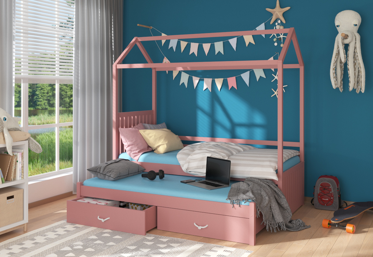 Supermobel Dětská postel JONASZEK Domek + matrace, 80x180/80x170, růžová