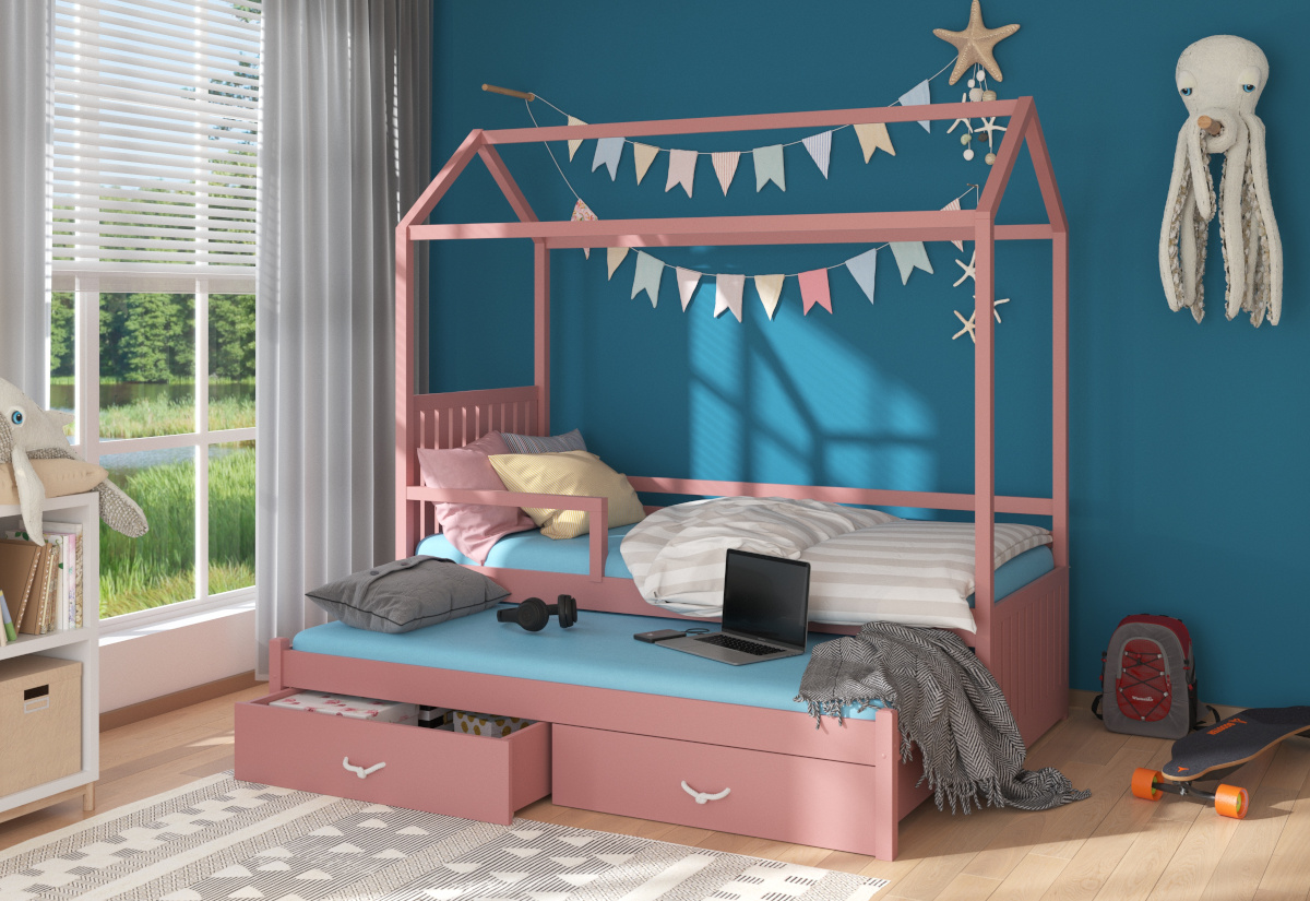 Supermobel Dětská postel JONASZEK Domek se zábranou + matrace, 80x180/80x170, růžová