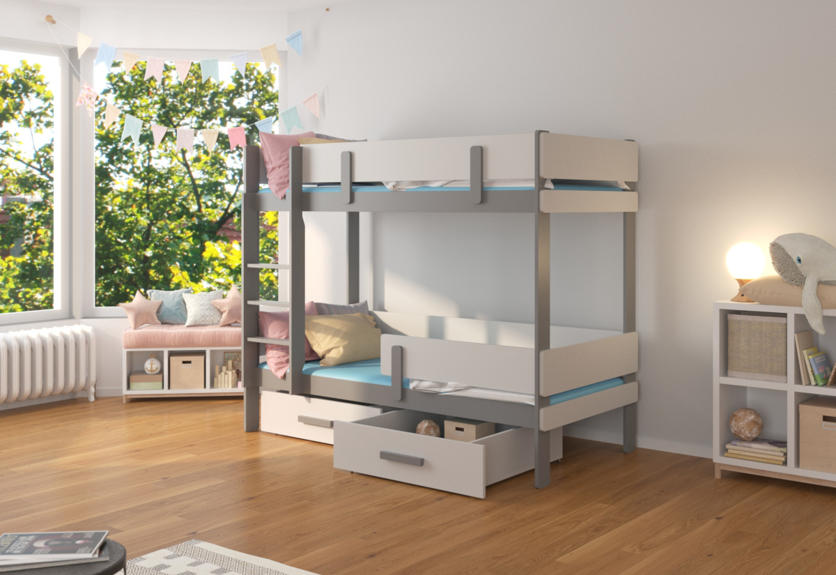 Supermobel Dětská patrová postel ETIONA + 2x matrace, 80x180, bílá/šedá