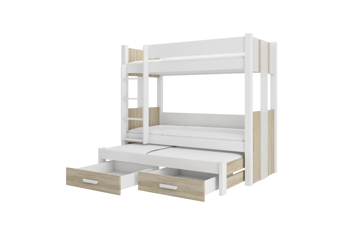 Supermobel Dětská patrová postel ARTEMA + 3x matrace, 90x200, bílá/dub sonoma