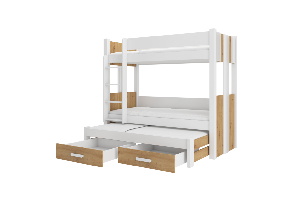Supermobel Dětská patrová postel ARTEMA + 3x matrace, 80x180, bílá/dub artisan