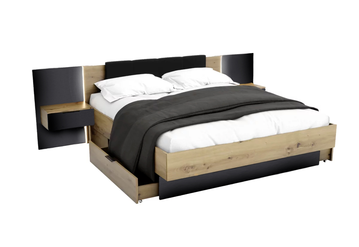 Supermobel Manželská postel ARKADIA + rošt a deska s nočními stolky, 180x200, dub artisan/černá