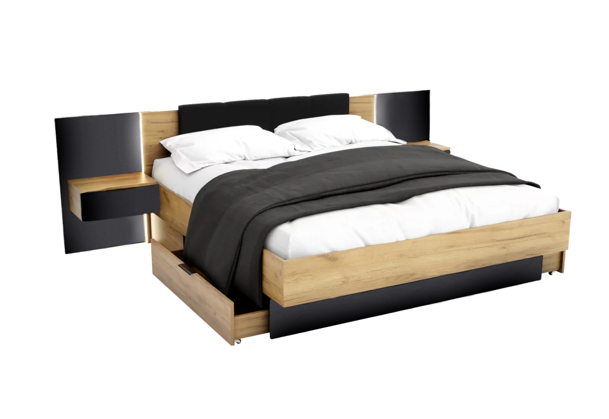 Supermobel Manželská postel ARKADIA + rošt + matrace COMFORT + deska s nočními stolky, 160x200, dub Kraft zlatý/černá