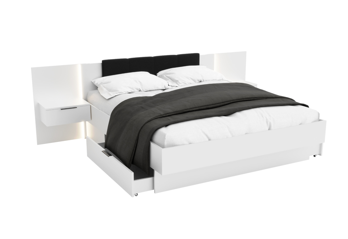 Supermobel Manželská postel ARKADIA + rošt + matrace COMFORT + deska s nočními stolky, 180x200, bílá