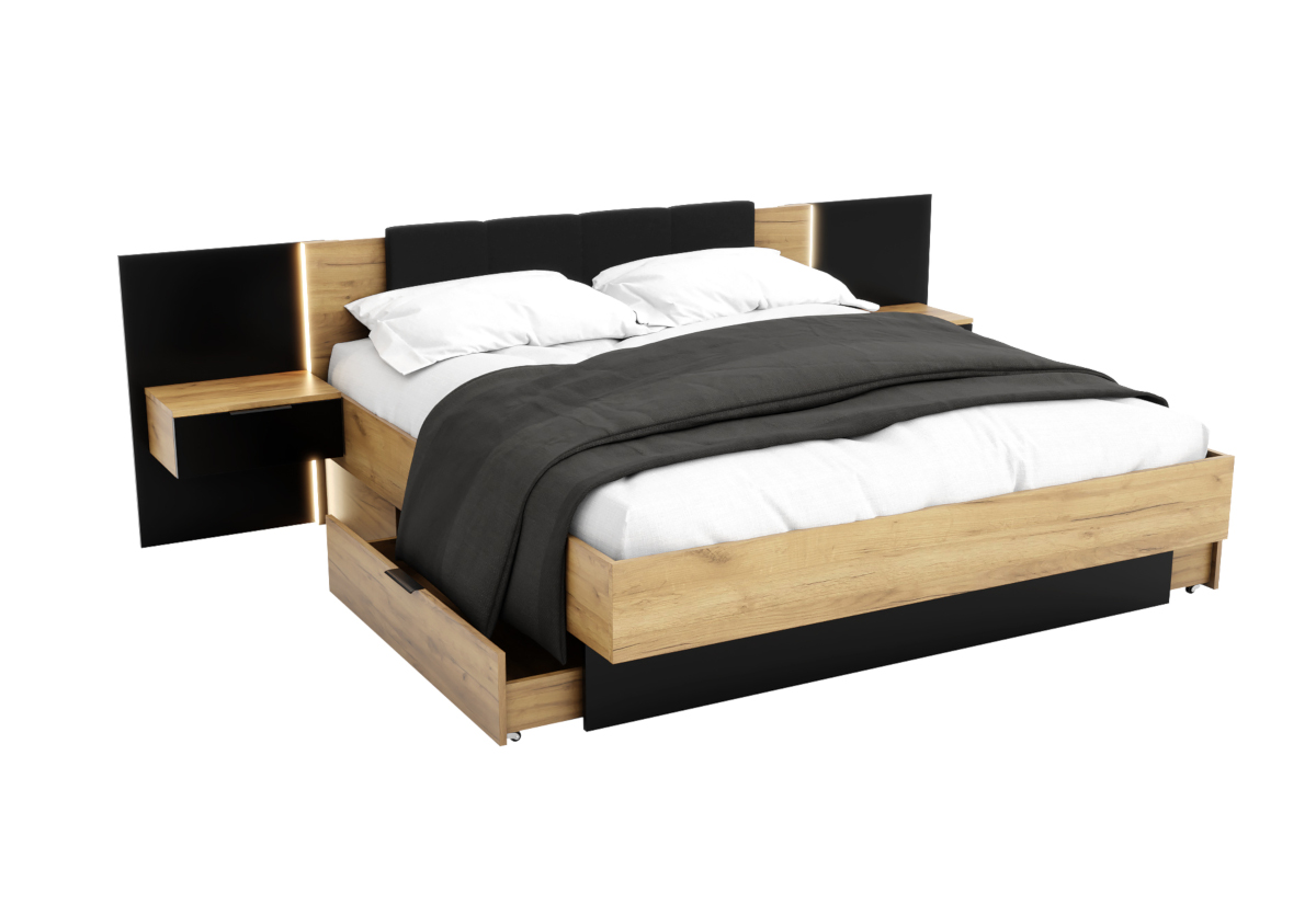 Supermobel Manželská postel ARKADIA + rošt + matrace BOHEMIA + deska s nočními stolky, 180x200, dub Kraft zlatý/černá